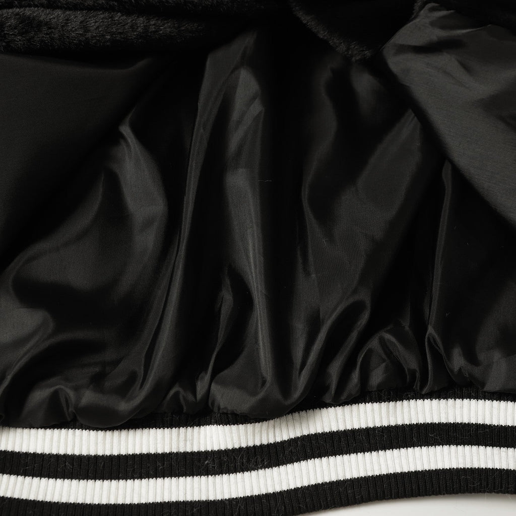 Faux Fur Cross Varsity Jacket - Black White Gothic Streetwear 035