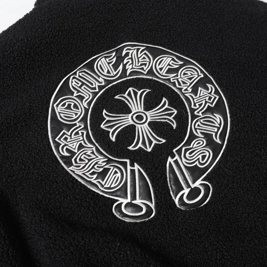 Horseshoe Embroidered Sherpa Jacket - Black Cream Gothic Coat 825